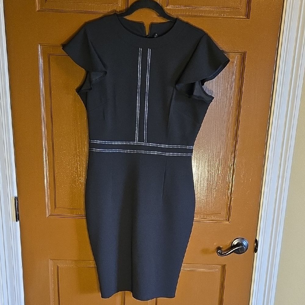 Miusol-Black fitted stretchy dress with white stitching and cap sleeves Sz M/L